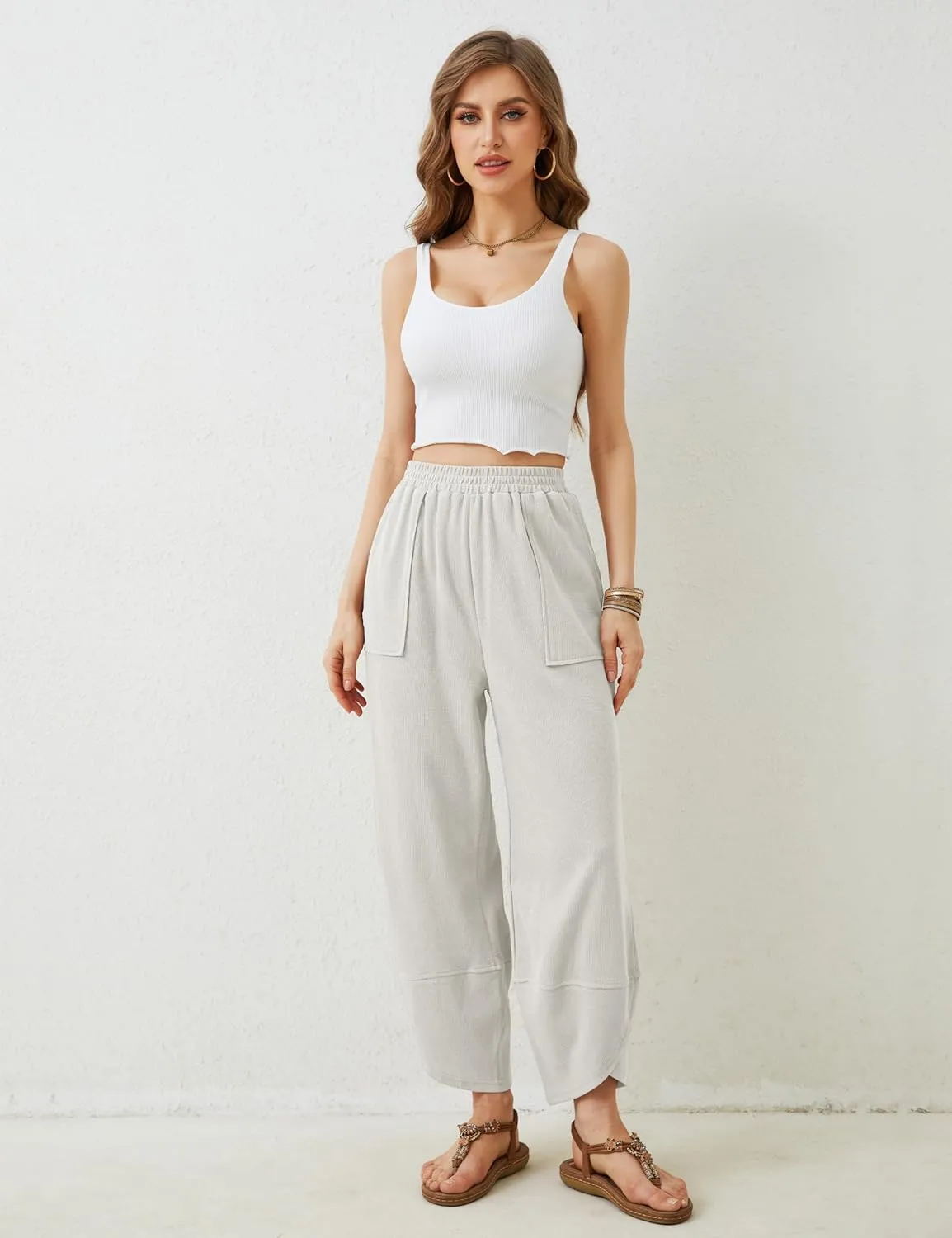 Xiaoxuemeng Womens Baggy Wide Leg Pants Casual Elastic Waisted Palazzo Harem Pants with Pockets