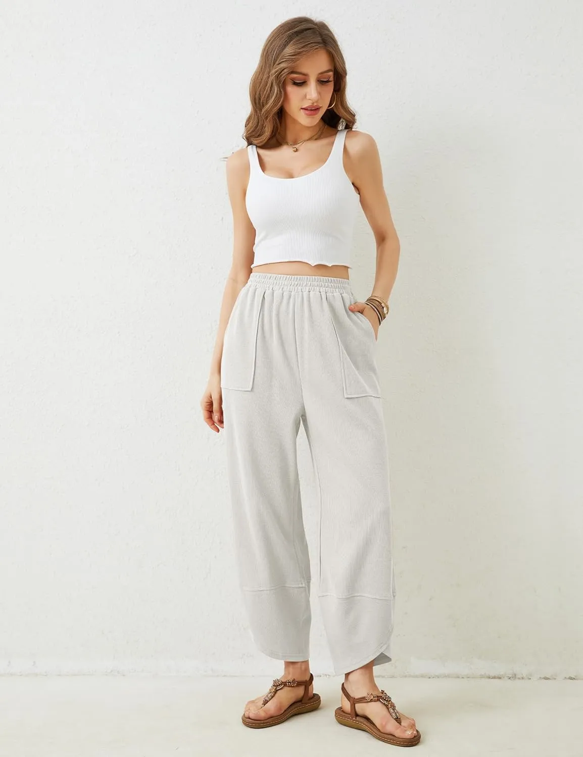 Xiaoxuemeng Womens Baggy Wide Leg Pants Casual Elastic Waisted Palazzo Harem Pants with Pockets