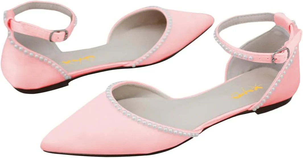 XYD Women Pearl Pointed Toe Ankle Strap Flats D'Orsay Wedding Sandals Comfy Party Dance Shoes