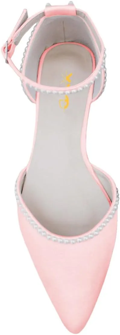 XYD Women Pearl Pointed Toe Ankle Strap Flats D'Orsay Wedding Sandals Comfy Party Dance Shoes