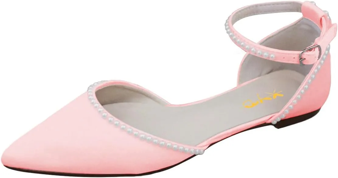 XYD Women Pearl Pointed Toe Ankle Strap Flats D'Orsay Wedding Sandals Comfy Party Dance Shoes