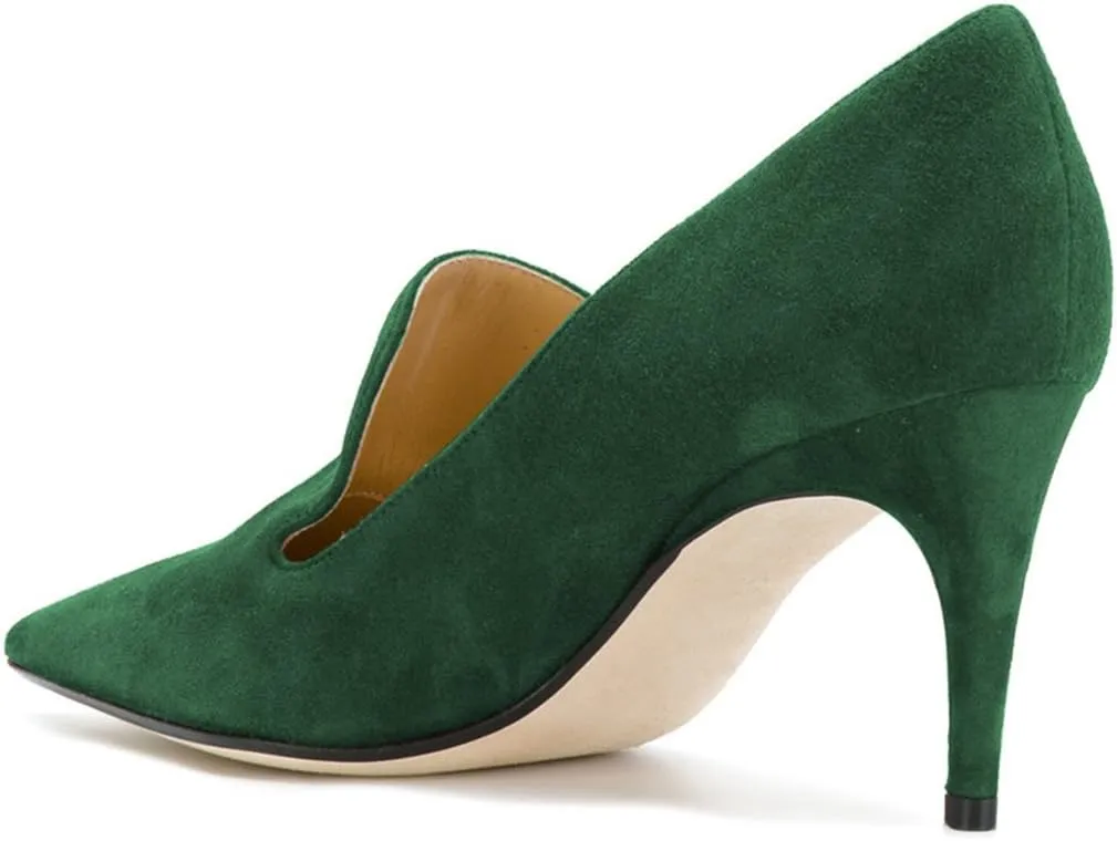 YDN Women's Mid Heels Slip on Loafer Stilettos Pumps Pointy Toe Slide Suede Prom Shoes Size 4-15