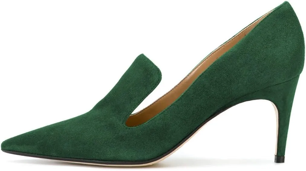 YDN Women's Mid Heels Slip on Loafer Stilettos Pumps Pointy Toe Slide Suede Prom Shoes Size 4-15