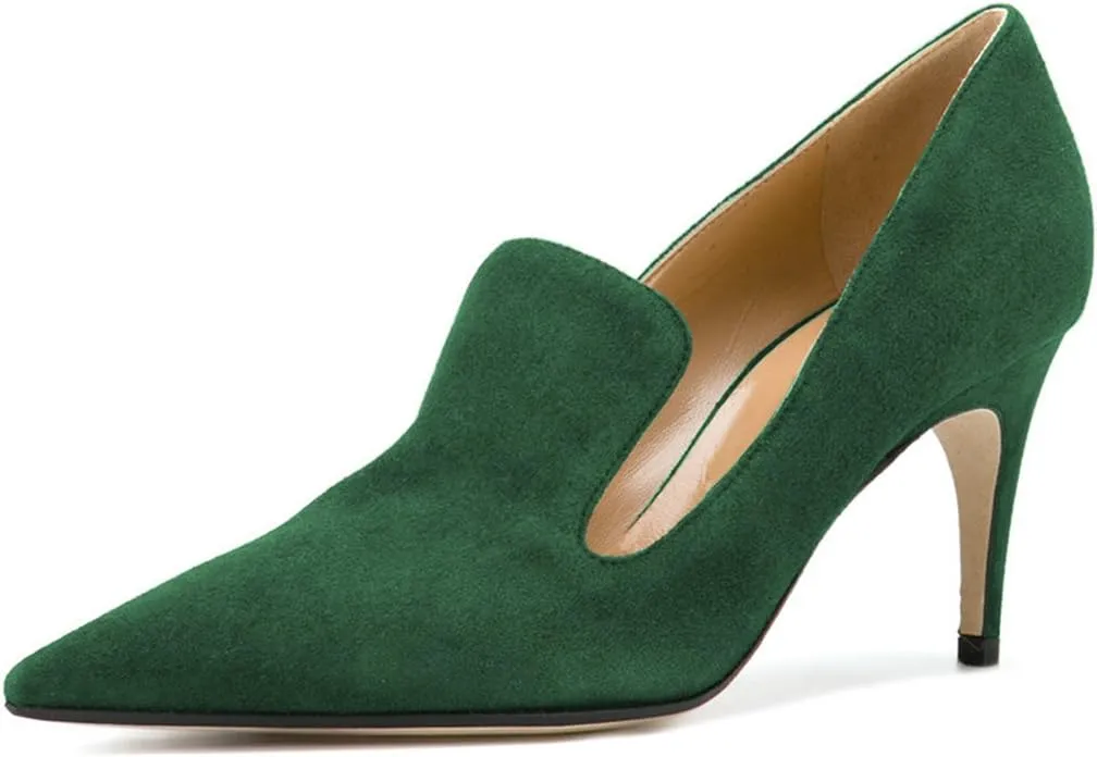 YDN Women's Mid Heels Slip on Loafer Stilettos Pumps Pointy Toe Slide Suede Prom Shoes Size 4-15