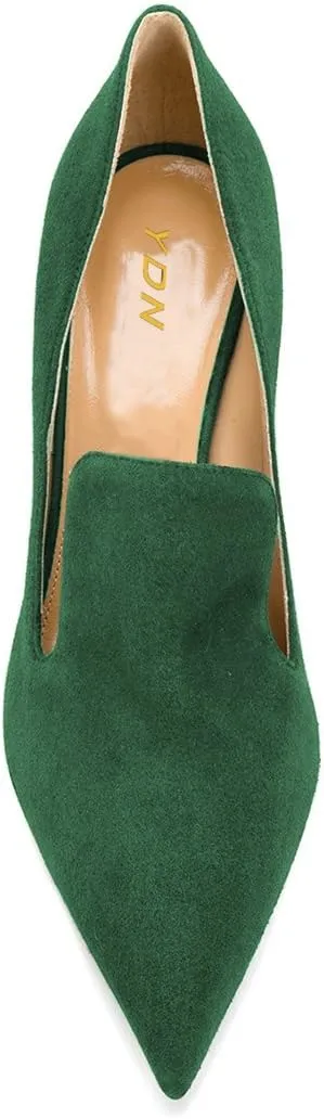 YDN Women's Mid Heels Slip on Loafer Stilettos Pumps Pointy Toe Slide Suede Prom Shoes Size 4-15