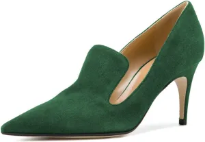 YDN Women's Mid Heels Slip on Loafer Stilettos Pumps Pointy Toe Slide Suede Prom Shoes Size 4-15