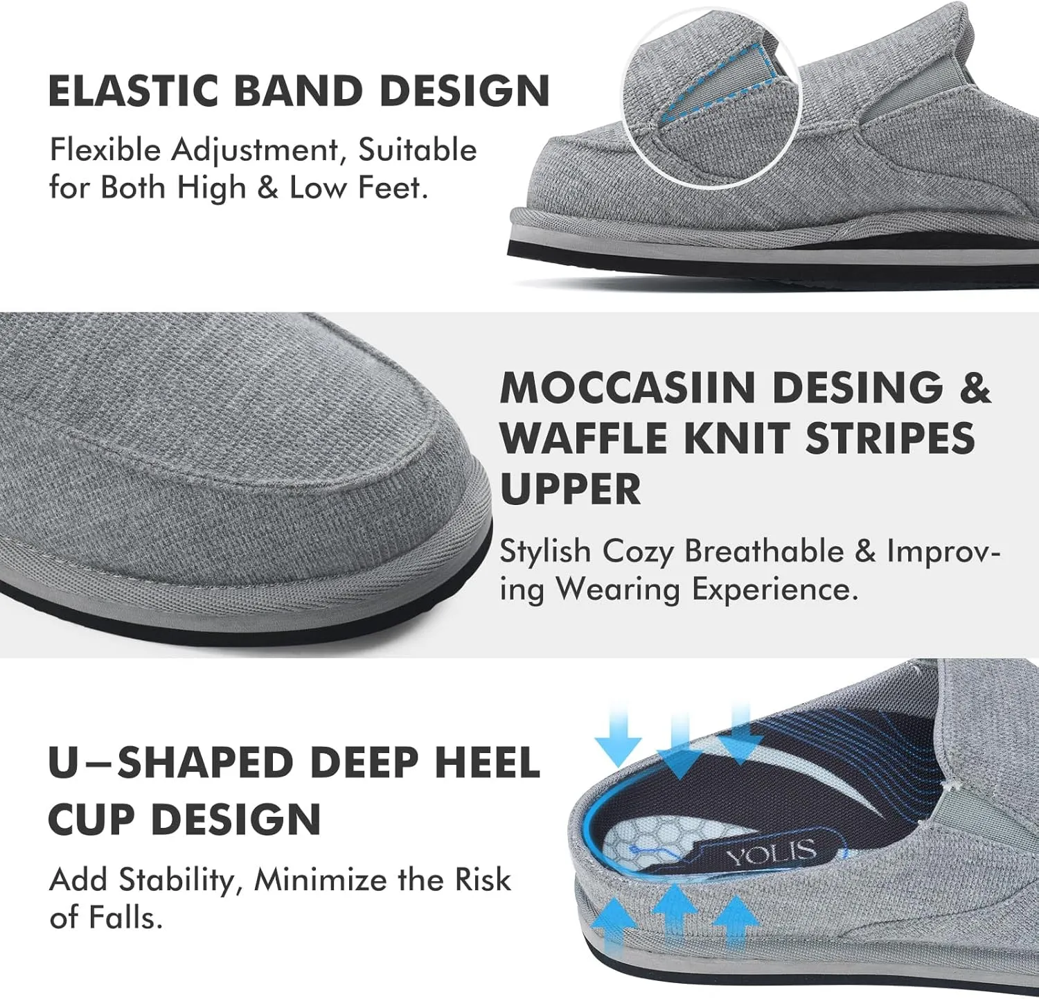 Yolis Men's Slippers with Arch Support Moccasin Clog House Shoes Breathable Waffle Knit Lightweight Non Slip Indoor Outdoor Home Shoes Size 8-14