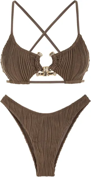 ZAFUL Women's Cutout Bikini Criss Cross Textured Metal High Leg Bikini Sets Cheeky Swimwear Two Piece Swimsuit