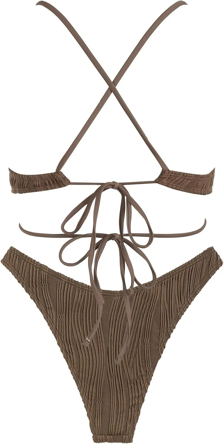 ZAFUL Women's Cutout Bikini Criss Cross Textured Metal High Leg Bikini Sets Cheeky Swimwear Two Piece Swimsuit