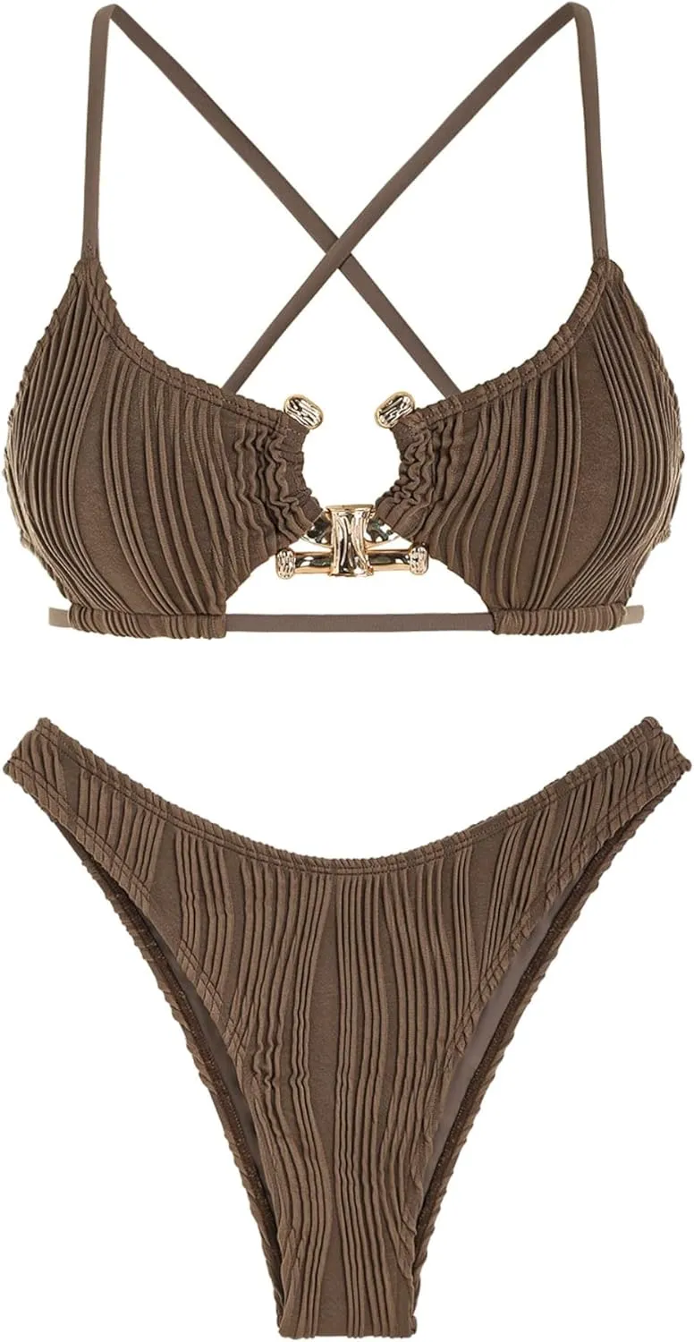 ZAFUL Women's Cutout Bikini Criss Cross Textured Metal High Leg Bikini Sets Cheeky Swimwear Two Piece Swimsuit