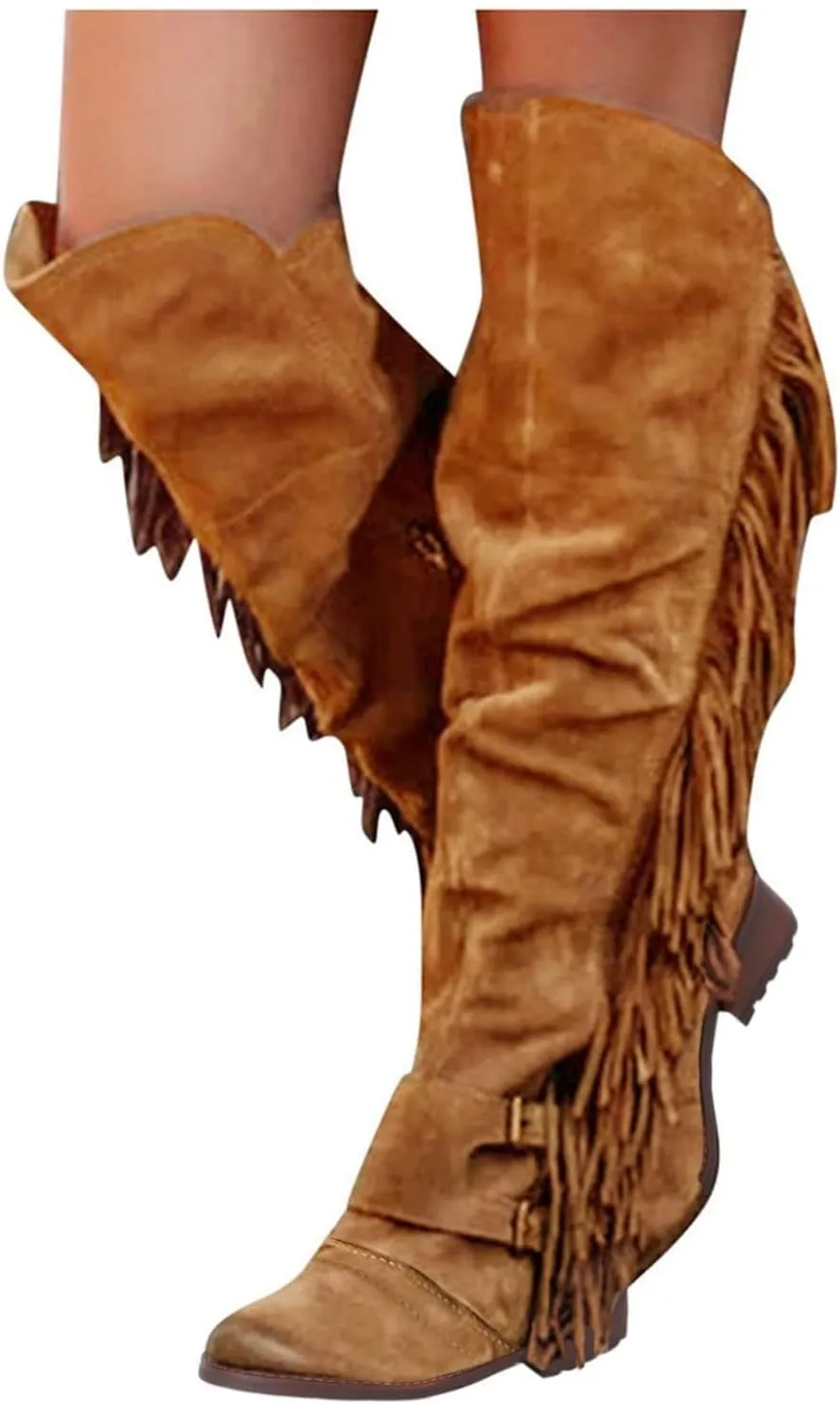 ZBYY Women's Knee High Boots Casual Over The Knee Retro Fringe Moccasin Flat Heel Zipper Long Boots Square Heels Shoes