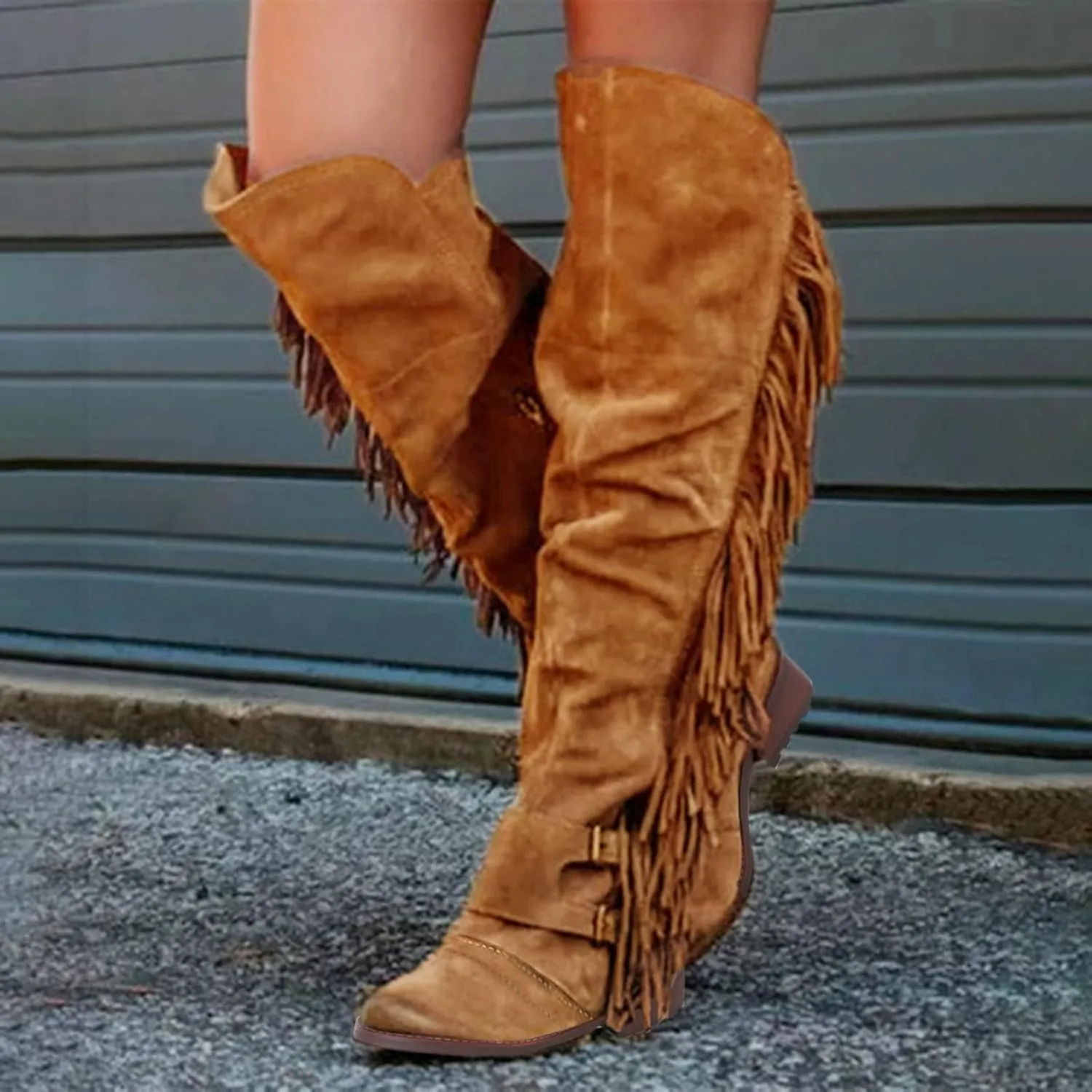 ZBYY Women's Knee High Boots Casual Over The Knee Retro Fringe Moccasin Flat Heel Zipper Long Boots Square Heels Shoes