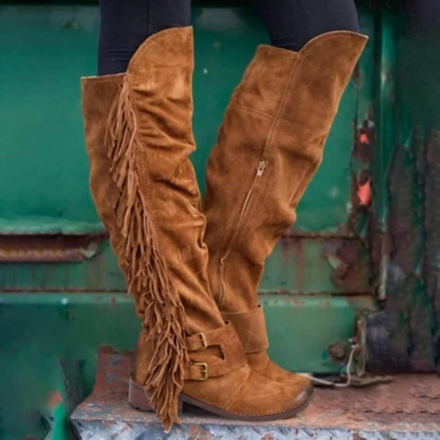 ZBYY Women's Knee High Boots Casual Over The Knee Retro Fringe Moccasin Flat Heel Zipper Long Boots Square Heels Shoes
