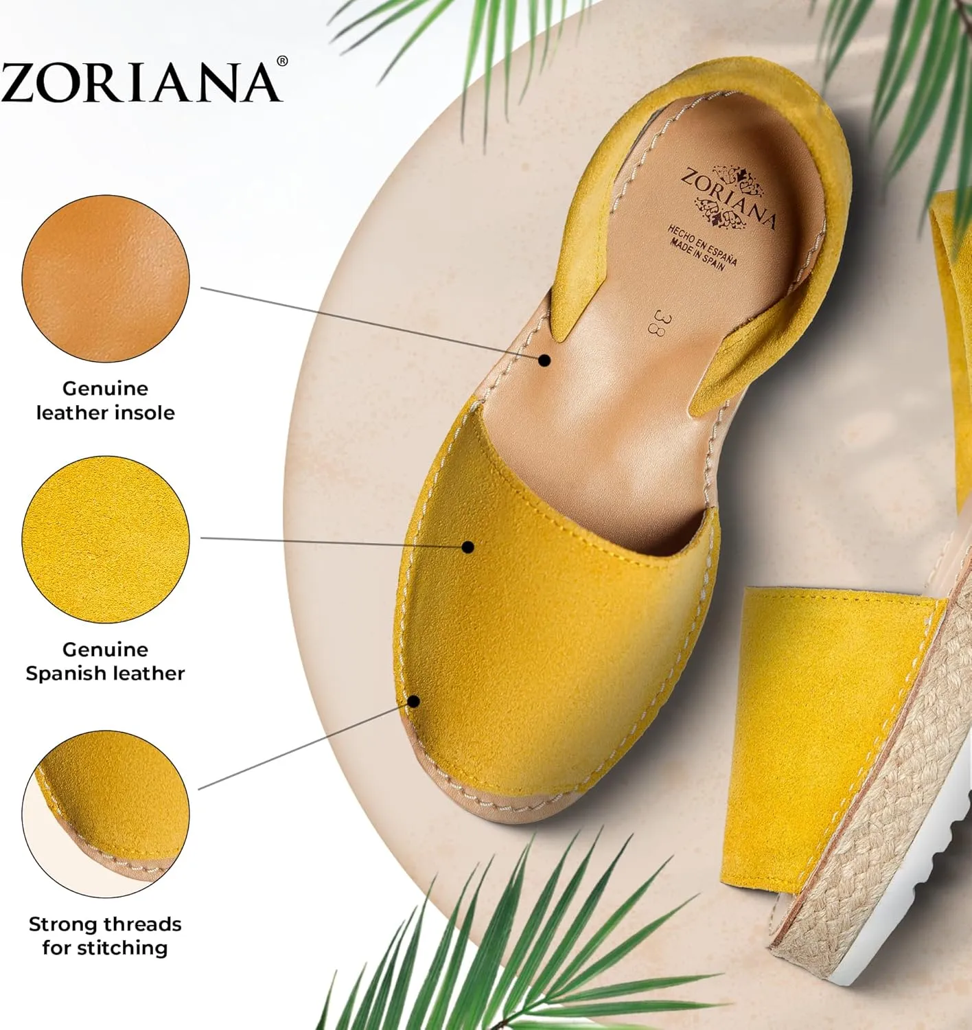 ZORIANA® Sandals for Women Handmade Leather, Dressy, Comfortable Sling Back Shoes Flat - Fashion Exclusively Made in Spain - Avarca Summer Trending Slingback Shoes 2023, 100% Spanish Genuine Leather